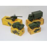 Dinky Toys 623 Army Covered Wagon, 670 Armoured Car, 673 Scout Car and 692 5.5 Medium Gun, boxed