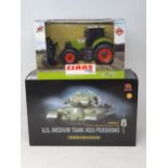 A boxed Zap Toys radio control Claas Axion 850 and a boxed SQS radio control Pershing M26 U.S.