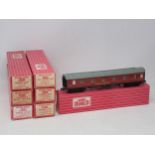 Seven boxed Hornby Dublo BR and WR super detailed Coaches, near mint to mint. Some coaches unused,
