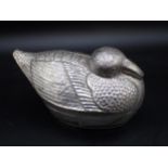 A white metal Box and Cover in the form of a duck, 7in, possibly Cambodian
