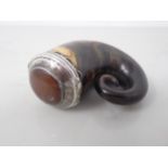 A white metal mounted horn Snuff Mull, the lid inset banded agate and engraved John Donaldson, 3in