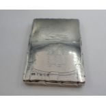 A Victorian silver Card Case with silk interior engraved ladies skating on a lake and ferns to