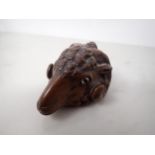 A carved treen Snuff Mull in the form of a ram's head with inset glass eyes, 3in