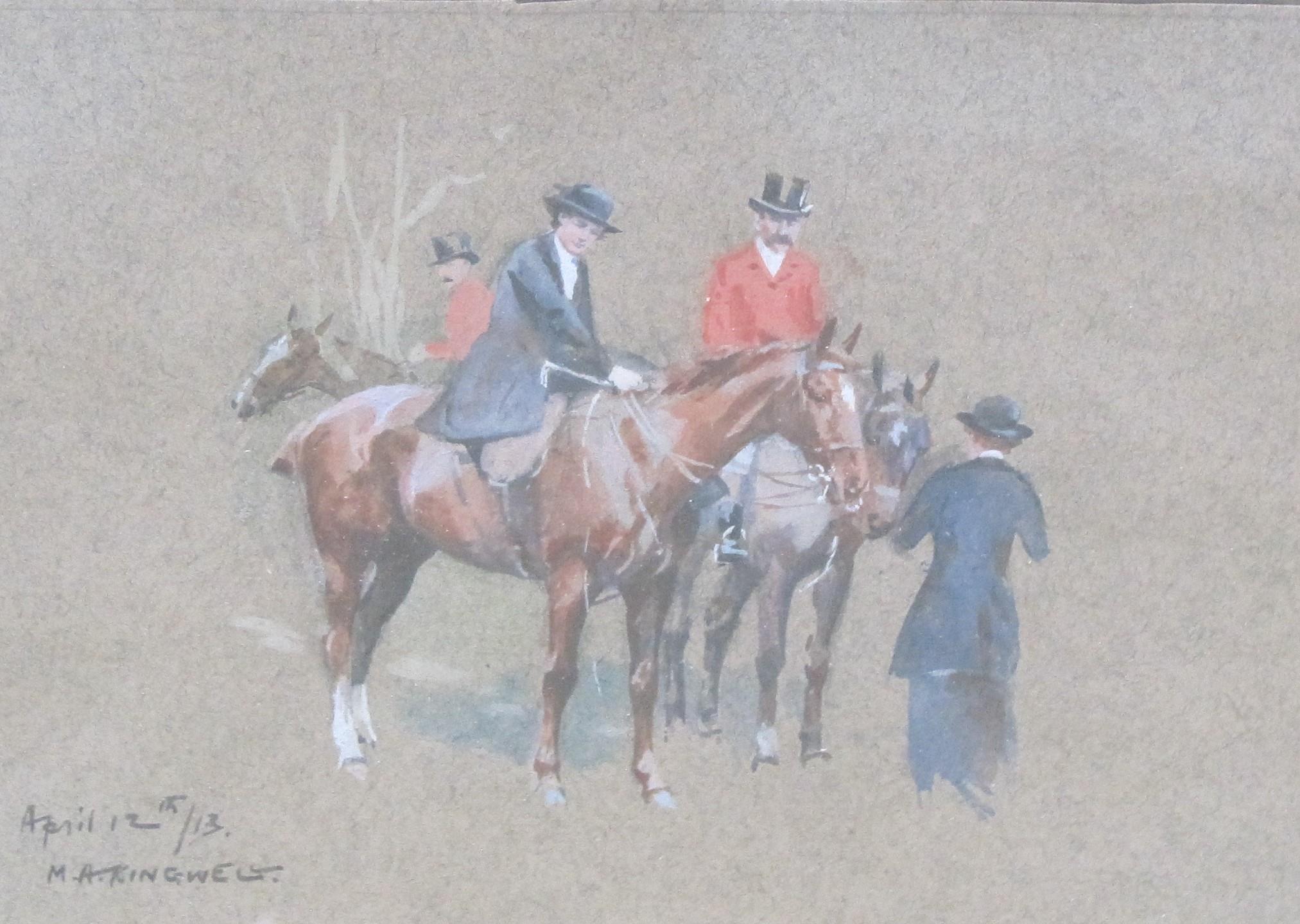 MABEL AUGUSTA KINGWELL (1890-1924). Mounted huntsman, whips and hounds, a lady mounted side-saddle