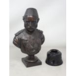 A hollow cast Bust of General Gordon Pasha 12in H and a 'Chinese Gordon' black glass Inkwell