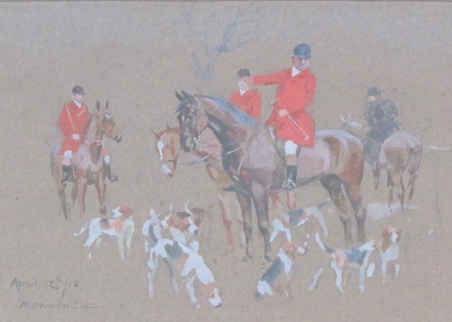 MABEL AUGUSTA KINGWELL (1890-1924). Mounted huntsman, whips and hounds, a lady mounted side-saddle - Image 2 of 3