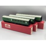 Three Hornby Dublo S.R. Corridor Coaches including 1x 4054 and 2x 4055, mint condition and unused,