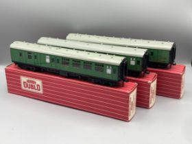 Three Hornby Dublo S.R. Corridor Coaches including 1x 4054 and 2x 4055, mint condition and unused,