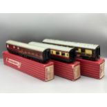Six Hornby Dublo 2-rail Coaches comprising 4081 B.R. Restaurant Car (some corrosion at ends and a