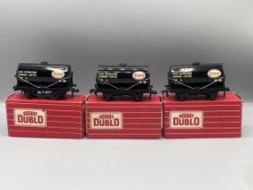 Hornby Dublo reference set of three 4680 black 'Esso' Tankers comprising metal coupling, EPC