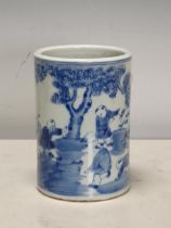 A 19th Century Chinese blue and white Brush Pot of cylindrical form depicting children playing in