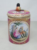 A 19th Century Dresden lidded Tankard with circular reserve of couple on puce ground with strawberry