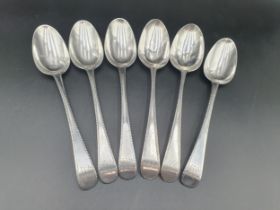 Six George III silver bottom marked Table Spoons old english pattern with feather edges engraved