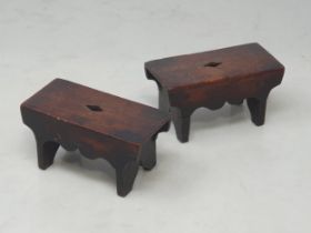 A pair of miniature treen rectangular Stools with cut out diamond decoration and punch and cupid bow