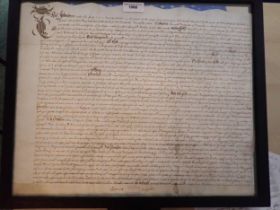A framed Indenture, dated 1662, Charles II, with seal, made between Samuel Westgate of Topecroft,