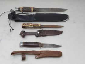 An antler handled multi-tooled Hunting Knife with Solingen stamp in leather sheath 9in L, another