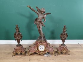 A variegated red marble and gilt metal Clock Garniture,