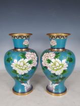 A pair of Cloisonne Vases of baluster form, decorated birds and flowers, 12in H