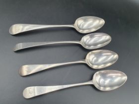 Four George III silver Table Spoons old english pattern engraved initials or crest, London 1781/92/
