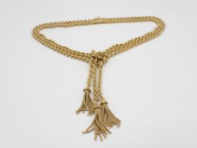 A Swiss 18ct gold Tassel Necklace comprised of three rope twist strands, approx 41cms long excluding