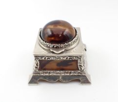 A George V silver and tortoiseshell square Inkwell with domed hinged lid, 3in, London 1926
