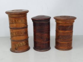 Three antique treen Spice Towers with labels for each section 6in, 5in and 4 3/4in H (smallest has