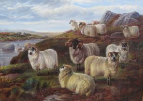 CHARLES 'SHEEP' JONES (1836-1902). Sheep on a Moorland, a river beyond, signed with monogram, and