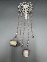 A George V silver Chatelaine with five chains, a Pin Cushion, and a Thimble Holder, Birmingham 1912