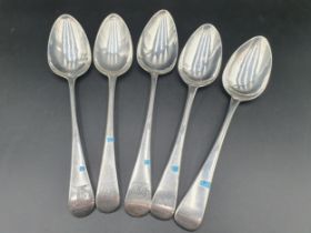 Five George III silver Table Spoons old english pattern, London 1786. 1794, 1804, 1810, etc, various