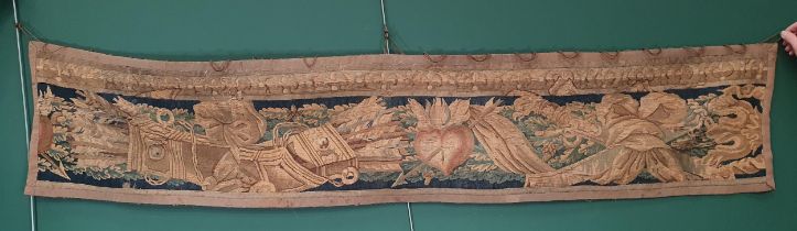 An early Tapestry part pelmet Wall Hanging with sheath of arrows with central heart shaped pierced