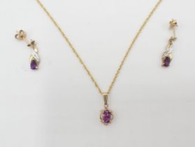 A small Amethyst Pendant claw-set oval-cut stone on fine chain marked 9ct and a pair of Drop Earring