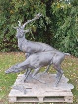 An impressive alloy bronze effect Sculpture of a pair of Red Deer (one antler A/F) 4ft 10in H x