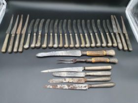Seventeen pistol grip Knives with steel blades, eleven other Knives, and a silver mounted Carving
