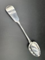 A William IV silver Basting Spoon fiddle pattern engraved crest, London 1834, maker: Mary Chawner