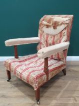 A Howard and Sons open Armchair with red and cream striped upholstery, with scroll and floral