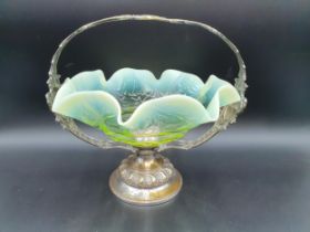 A vaseline glass Bowl of shaped circular form on WMF plated stand with mask, fruiting vine and