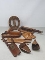 A collection of treen items including a Glove Stretcher, pair of Shoe Lasts, a pair of child's
