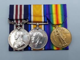 Three; Military Medal (GV), British War and Victory Medals to S15857 Pte. J.P. Gibson, 14th