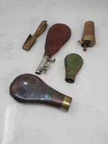 A .36 Calibre double Bullet Mould, a leather two way Flask and two Powder Flasks lacking tops