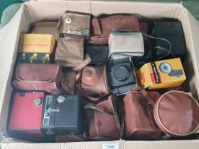 A red cased Brownie No 2, Box Cameras, and others