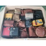 A red cased Brownie No 2, Box Cameras, and others