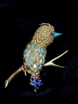 A French gem-set Kingfisher Brooch set turquoise and brilliant-cut diamonds to body, turquoise beak