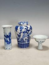 A Chinese blue and white Pedestal Bowl decorated figures in a landscape, 3in H, a small Chinese blue