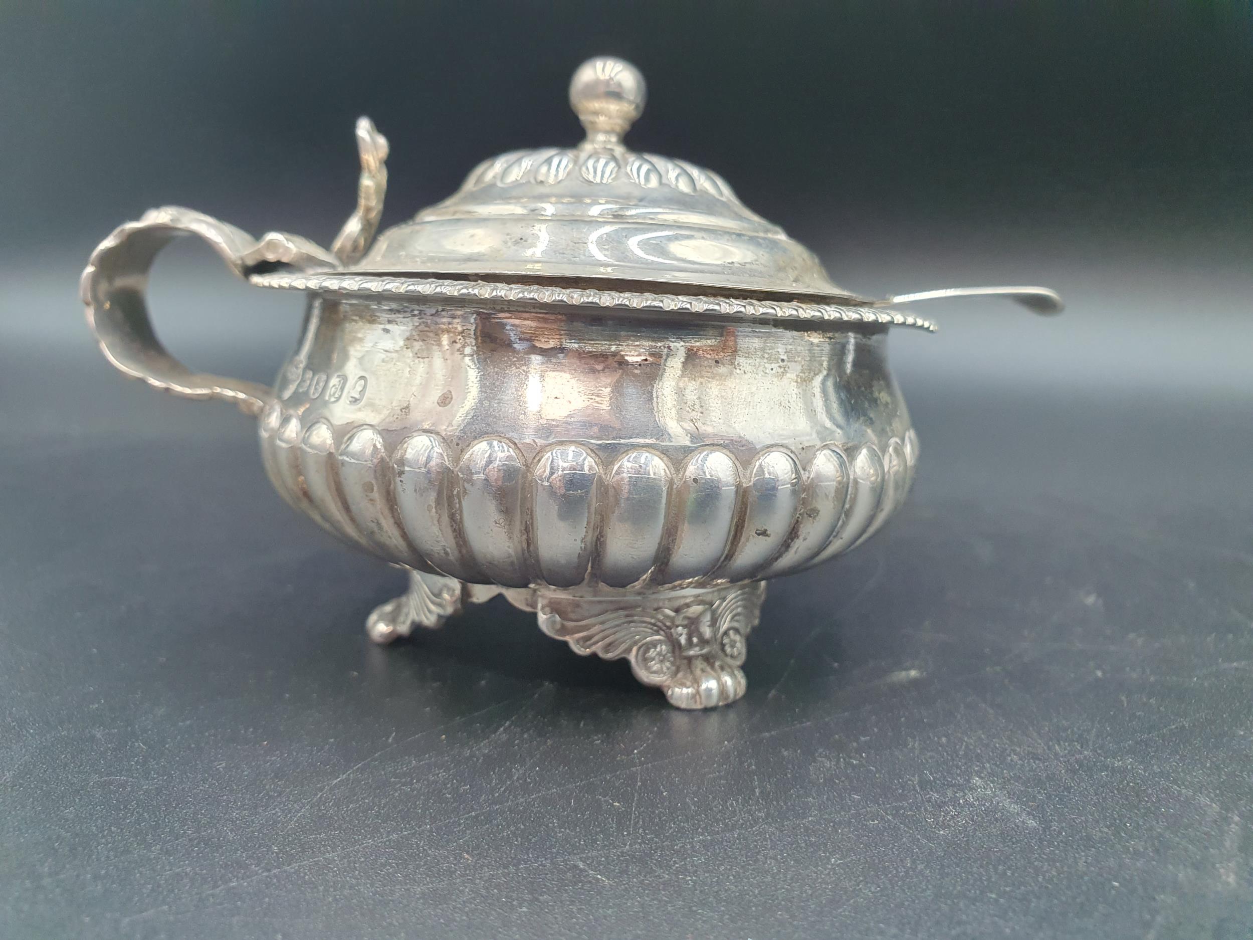 A George III silver large circular Mustard Pot, semi-fluted on anthemion and paw feet, London - Image 2 of 7
