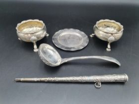 A pair of Georgian silver Cauldron Salts on hoof feet, marks worn, a Sifting Ladle, fiddle, thread