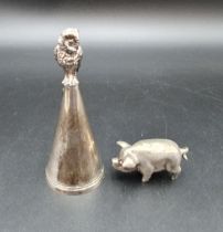 A modern silver miniature Pig, and a Candle Snuffer with owl surmount, both London 1994