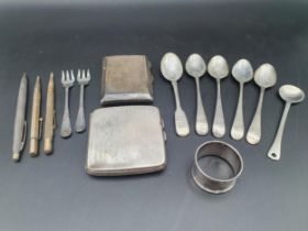 Two silver Cigarette cases, a plated Napkin Ring, five silver Teaspoons, pair of plated Forks, two