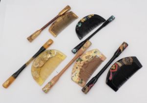 A collection of Japanese lacquered Kanzashi Hair Combs and Ornaments