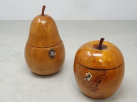 Two turned treen Tea Caddies, one in the form of a pear, 7in H and another in the form an apple, 5in