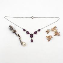 A silver and purple paste Necklace, a faux pearl and paste Brooch and four gilt metal paste-set